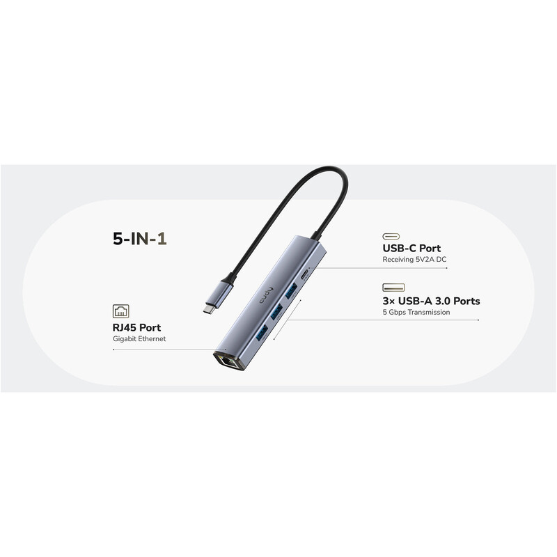 USB-хаб Cudy 5-in-1 USB 3.0 Type-C - 3xUSB, USB-C, RJ-45 (UH605)