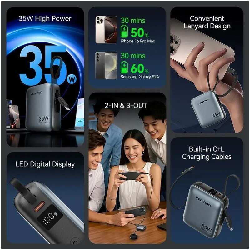 Універсальна мобільна батарея Vention 10000mAh 35W Gray (FHFH0)