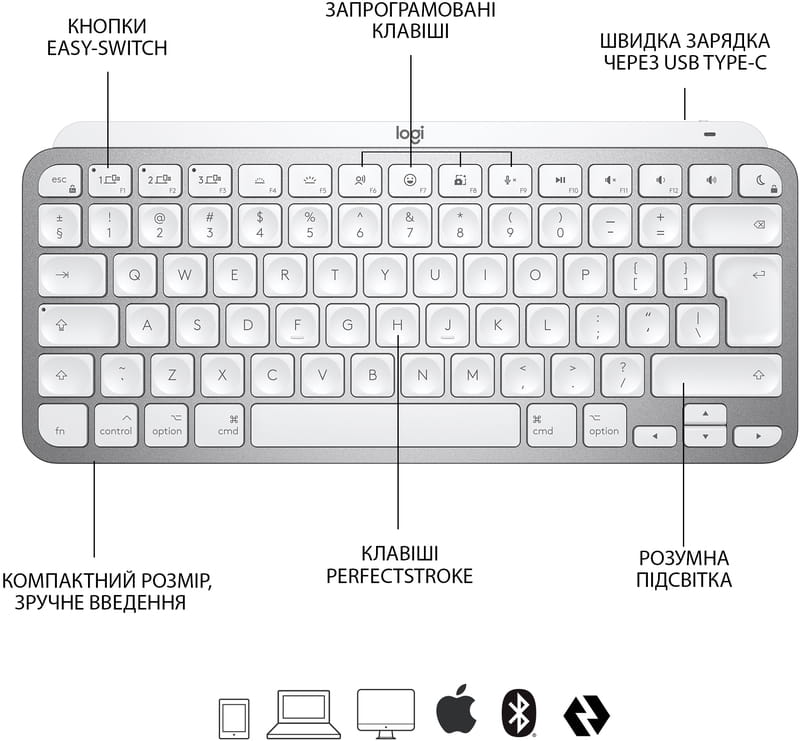 Клавіатура бездротова Logitech MX Keys Mini For Mac Minimalist Wireless Illuminated Pale Grey (920-010526)