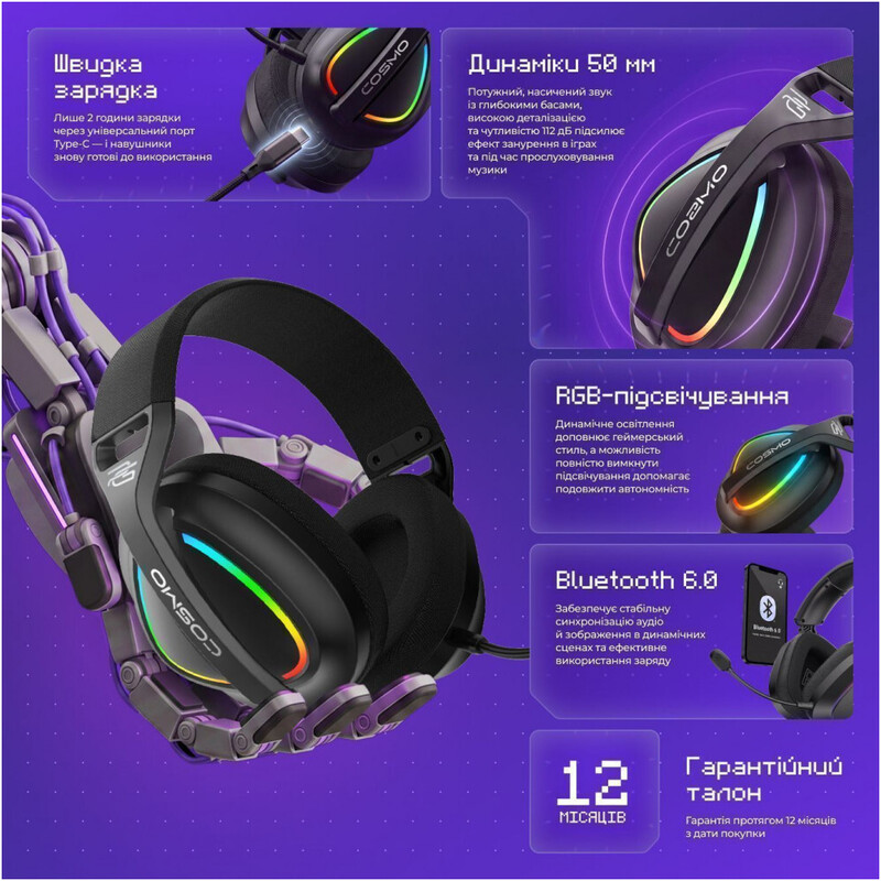 Bluetooth-гарнітура Proove Gaming Cosmo (APP) White/Purple (WHCS00020017)