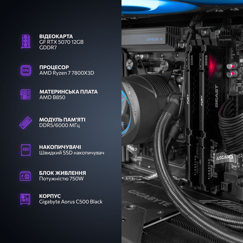 Комп`ютер для стримінгу ASGARD STREAMER RTX 5070 / Ryzen 7 7800X3D / DDR5 32GB / SSD 2TB / Win11 Home (ASG-S-5070-7878W)