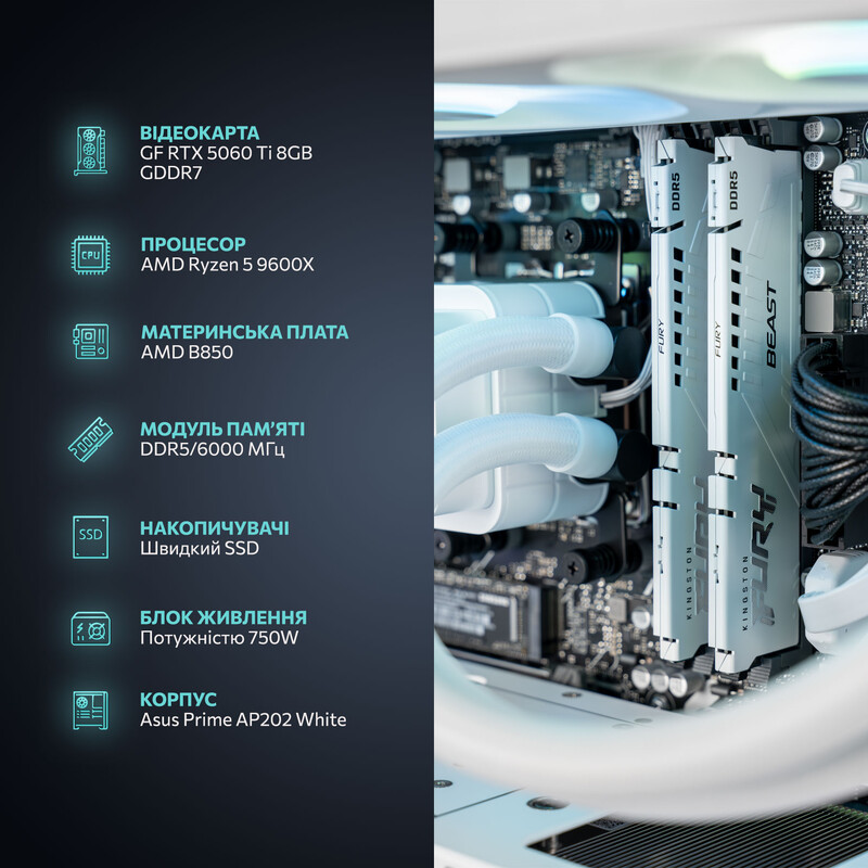 Ігровий комп`ютер ASGARD GAMER POWERED BY ASUS RTX 5060 Ti 8GB / Ryzen 5 9600X / DDR5 32GB / SSD 1TB / Win11 Home (ASG-G-5060T8-8011W)