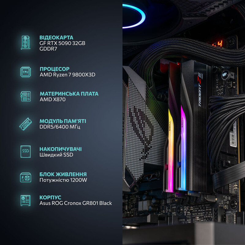 Ігровий комп`ютер ASGARD GAMER POWERED BY ASUS RTX 5090 / Ryzen 7 9800X3D / DDR5 64GB / SSD 2TB / Win11 Home (ASG-G-5090-8020W)