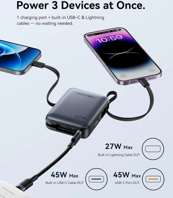 Універсальна мобільна батарея Vention 10000mAh 45W Grey (FKMH0)