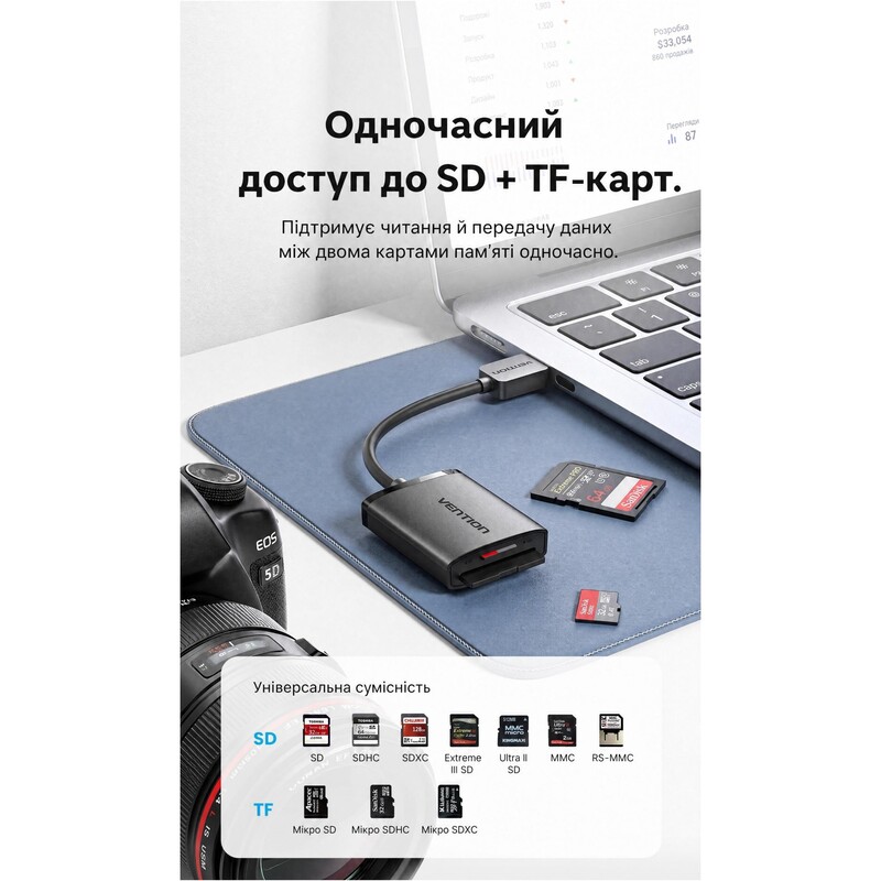 Кардридер Vention USB3.0 to SD/MicroSD Black (CLPBB)