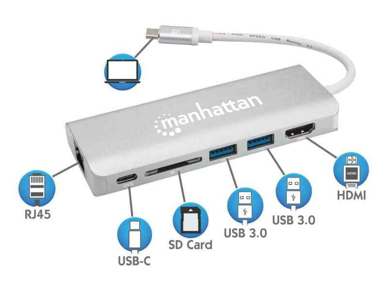 Док-станція Intracom Manhattan USB Type-C-HDMI/USB 3.0x2/RJ45/SD/PD 60W Hub 7-in-1 (152075)