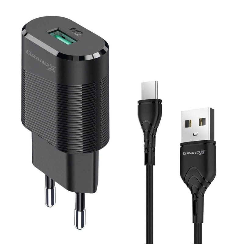Сетевое зарядное устройство Grand-X (1xUSB 2.1А) Black (CH-17T) + кабель USB-C
