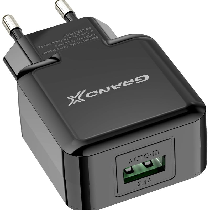 Сетевое зарядное устройство Grand-X (1xUSB 5В/2.1А) Black (CH-03B)
