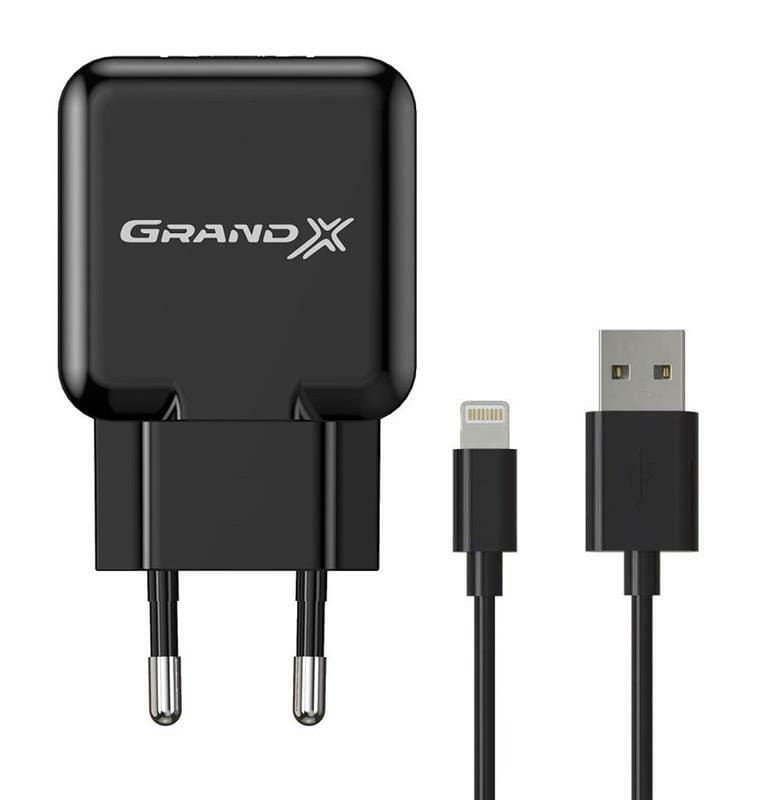 Мережевий зарядний пристрій Grand-X (1xUSB 2.1A) Black (CH03LTB) + кабель Lightning