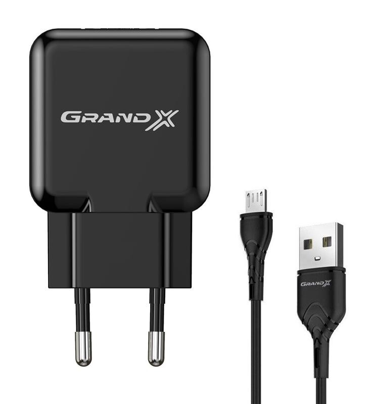 Сетевое зарядное устройство Grand-X (1xUSB 5В/2.1А) Black (CH-03UMB) + кабель microUSB