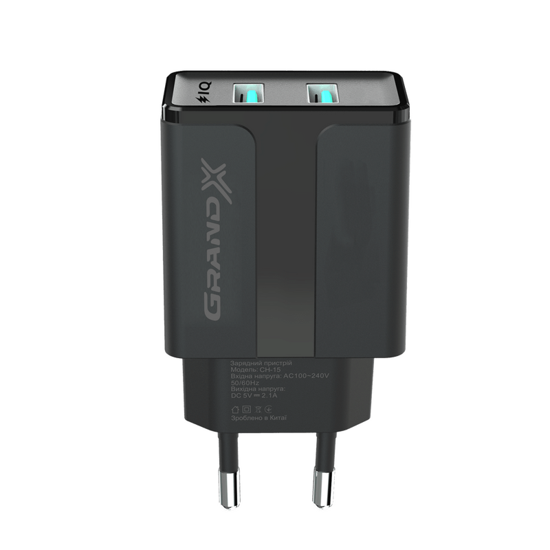 Мережевий зарядний пристрій Grand-X CH-15B (2xUSB 2.4A) Black