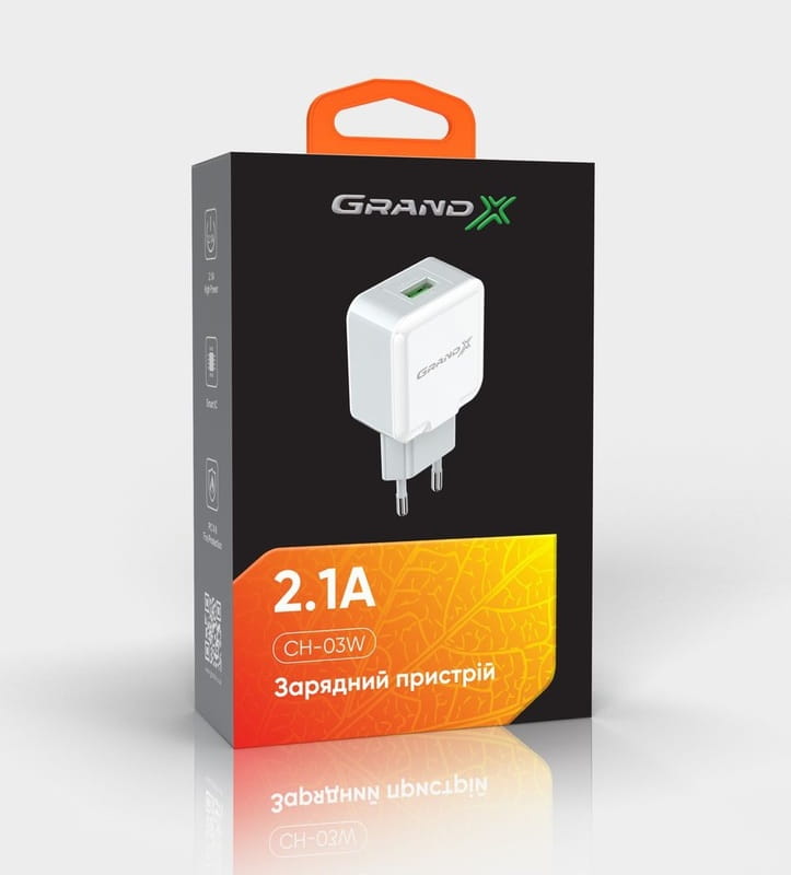 Сетевое зарядное устройство Grand-X (1xUSB 2.1A) White (CH-03W)