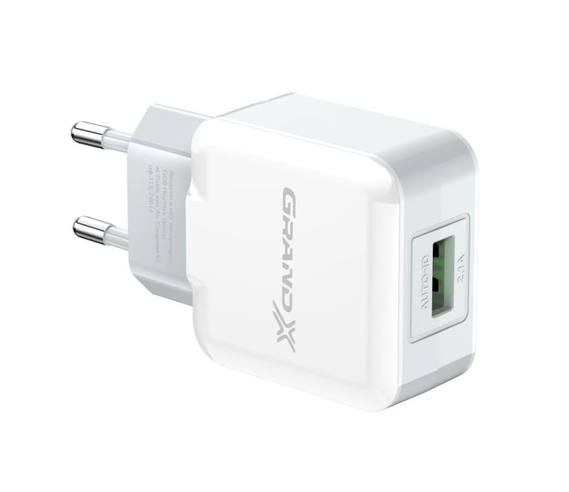 Сетевое зарядное устройство Grand-X (1xUSB 2.1A) White (CH-03W)
