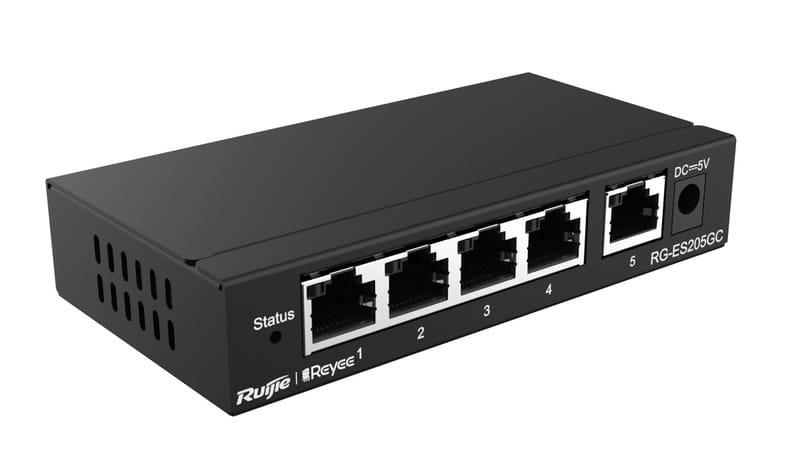 Коммутатор Ruijie Reyee RG-ES205GC (4xGE, 1xGE Uplink, CCTV, Cloud Managed, L2, настольный, бесшумный, металл)