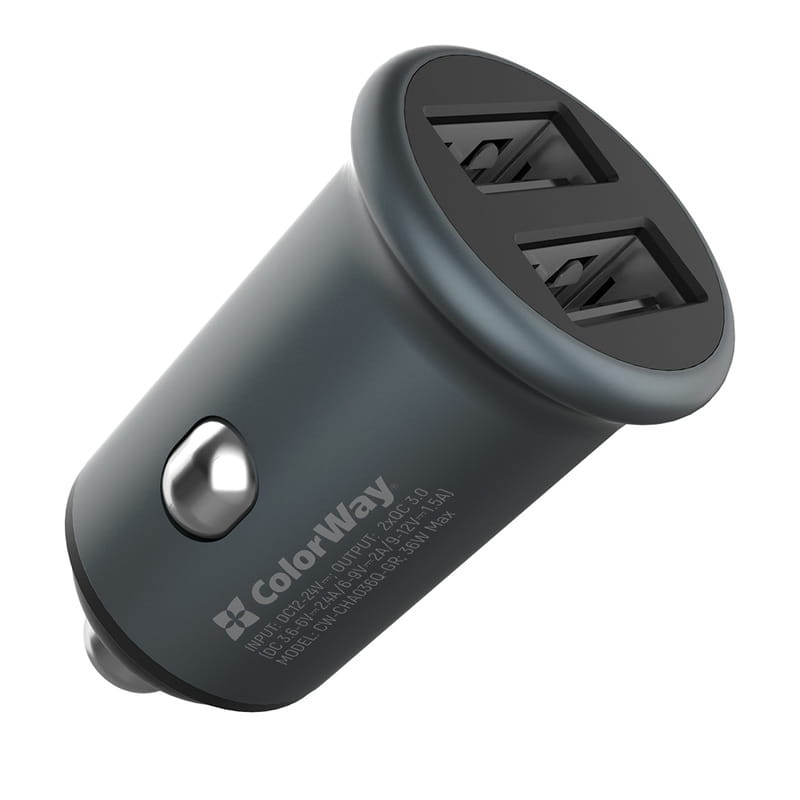 Автомобильное зарядное устройство ColorWay (2USBx2.4A, 36W) Quick Charge 3.0 Gray (CW-CHA036Q-GR)