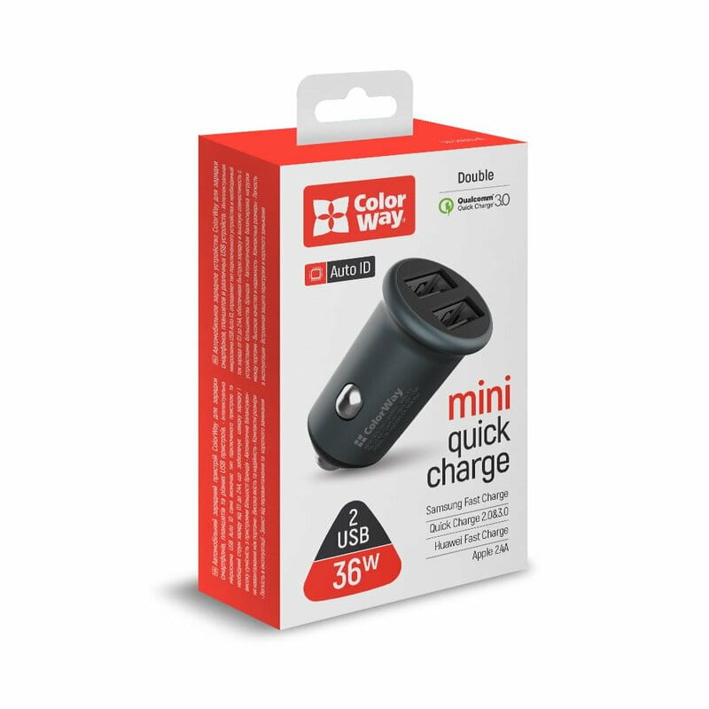 Автомобильное зарядное устройство ColorWay (2USBx2.4A, 36W) Quick Charge 3.0 Gray (CW-CHA036Q-GR)