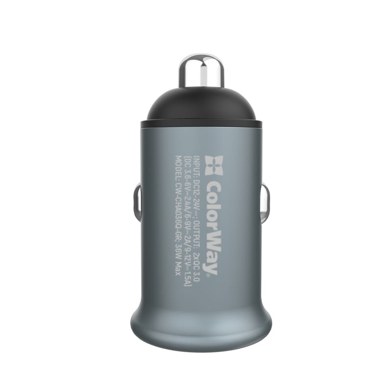 Автомобильное зарядное устройство ColorWay (2USBx2.4A, 36W) Quick Charge 3.0 Gray (CW-CHA036Q-GR)