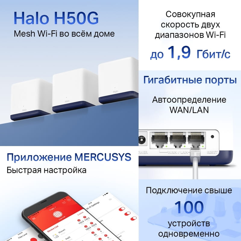 WiFi Mesh система Mercusys Halo H50G(3-pack) (AC1900, 3хGE WAN/LAN, Beamforming, MESH, 3-pack)