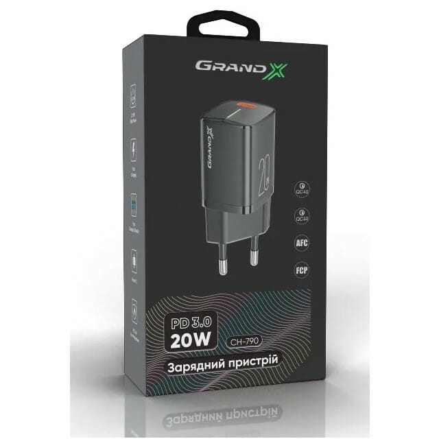 Сетевое зарядное устройство Grand-X USB-C PD3.0 20W QC4.0, FCP, AFC Black (CH-790)