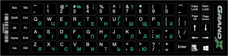 Наклейка на клавиатуру Grand-X 68 keys Green, Latin Ukr white (GXDGUA)