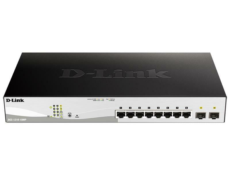 Коммутатор D-Link DGS-1210-10MP 8x1GE PoE, 2x1GE SFP, PoE 30Вт/порт, бюджет 130Вт