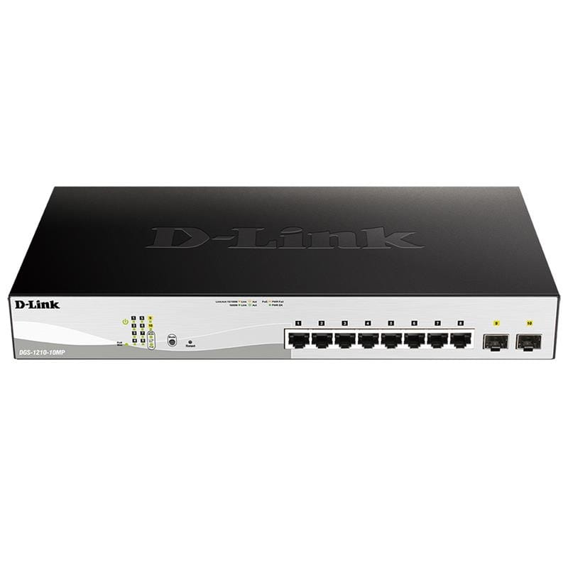 Комутатор D-Link DGS-1210-10MP 8x1GE PoE, 2x1GE SFP, PoE 30Вт/порт, бюджет 130Вт