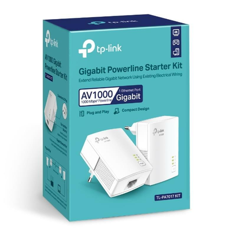 Комплект адаптеров Powerline TP-Link TL-PA7017 KIT (AV2 1000, 1xGE, розетка, 2 pack)