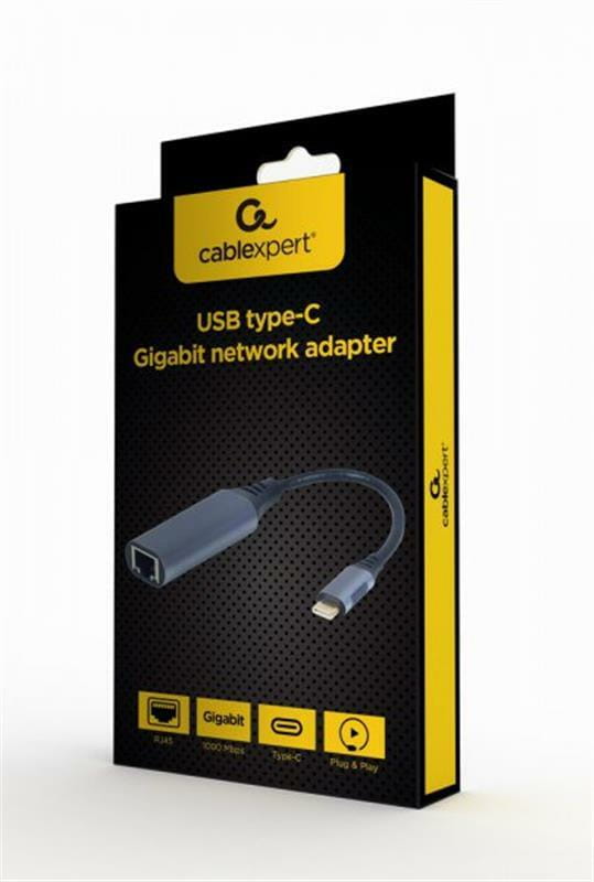 Адаптер Cablexpert USB Type-C - RJ-45 (M/F), 0.15 м, Black (A-USB3C-LAN-01)