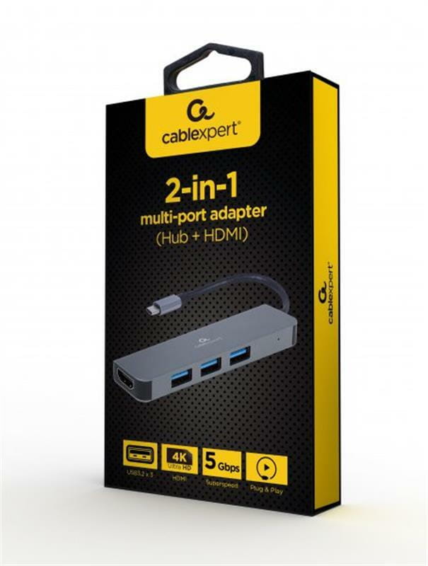Концентратор USB-C Cablexpert 3хUSB3.1 метал, Grey (A-CM-COMBO2-01)