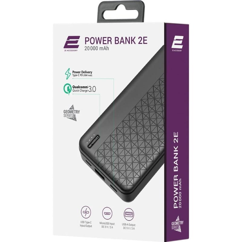 Универсальная мобильная батарея 2E Geometry PD+QC 3.0 20000mAh Black (2E-PB2072PD-BLACK)