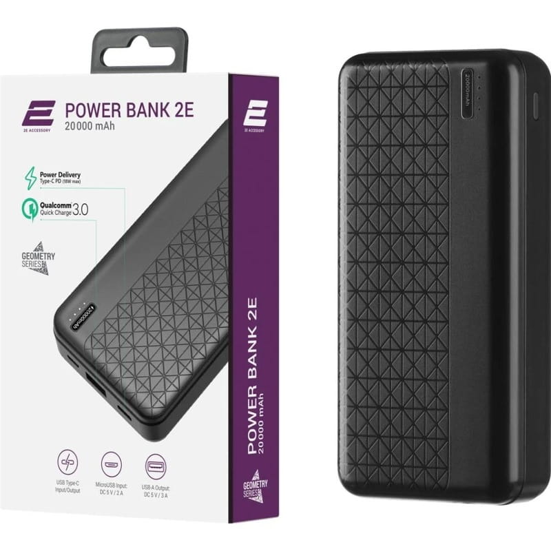 Универсальная мобильная батарея 2E Geometry PD+QC 3.0 20000mAh Black (2E-PB2072PD-BLACK)