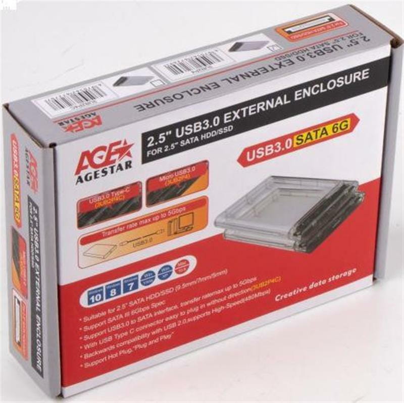 Внешний карман USB3.0 для HDD/SSD SATA 2.5" AgeStar 3UB2P4 Transparent