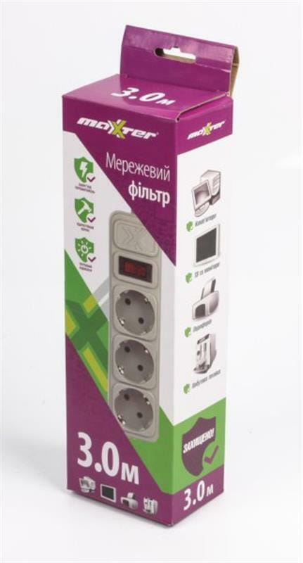 Фильтр питания Maxxter (SPM3-G-10G) 3 розетки, 3м, белый
