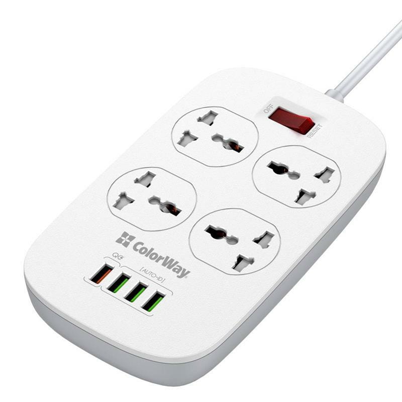 Фильтр питания ColorWay CW-CHU44QW 4 розетки, 4 USB (1QC3.0+3 AUTO ID), 1.8 м, белый