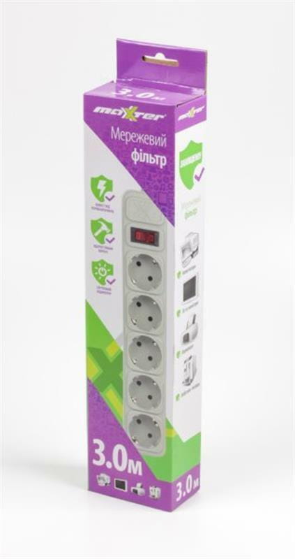 Фильтр питания Maxxter 5 розеток 3м (SPM5-G-10G) серый