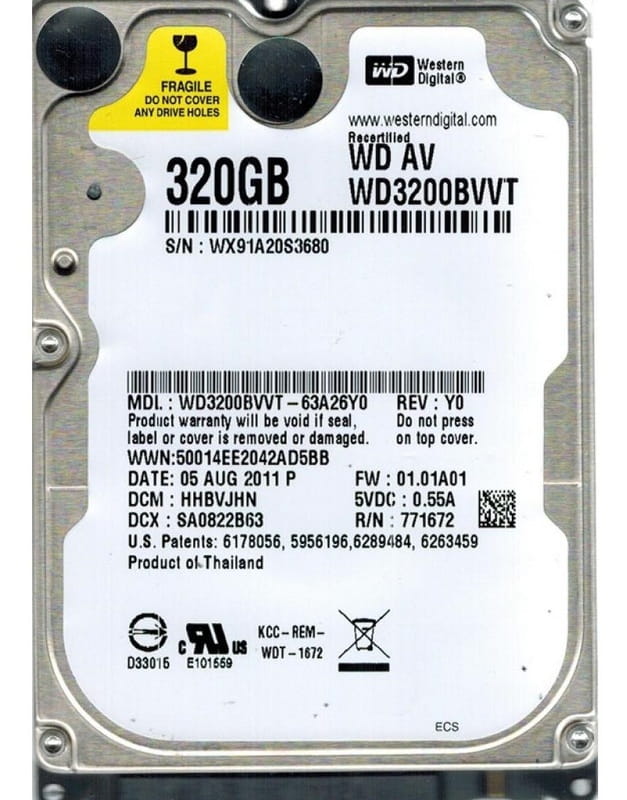 Накопитель HDD 2.5" SATA  320GB WD 5400rpm 8MB (WD3200BVVT) Refurbished
