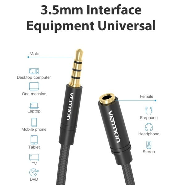 Кабель Vention Audio 3.5 мм - 3.5 мм (М/F), 2 м, черный (VAB-B06-B200-M)