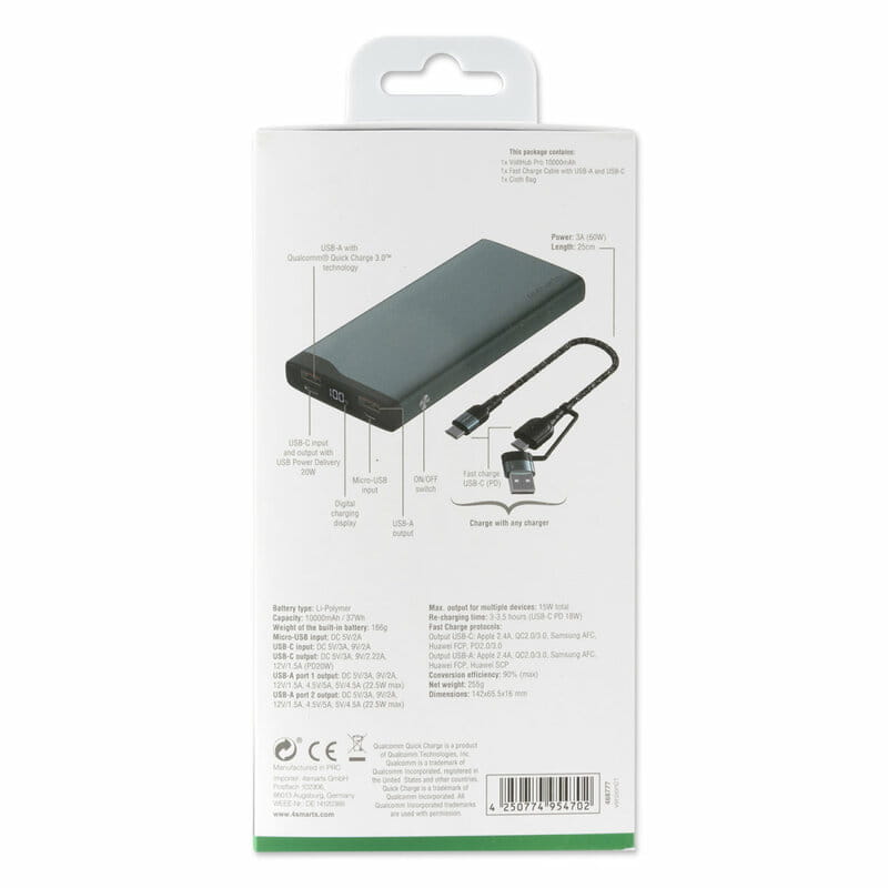 Универсальная мобильная батарея 4smarts VoltHub Pro 10000mAh 22.5W with Quick Charge, PD gunmetal *Select Edition*