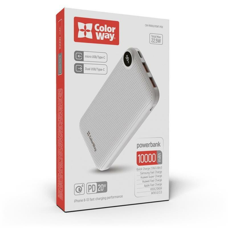 Универсальная мобильная батарея ColorWay LCD 10000mAh White (CW-PB100LPI3WT-PDD)
