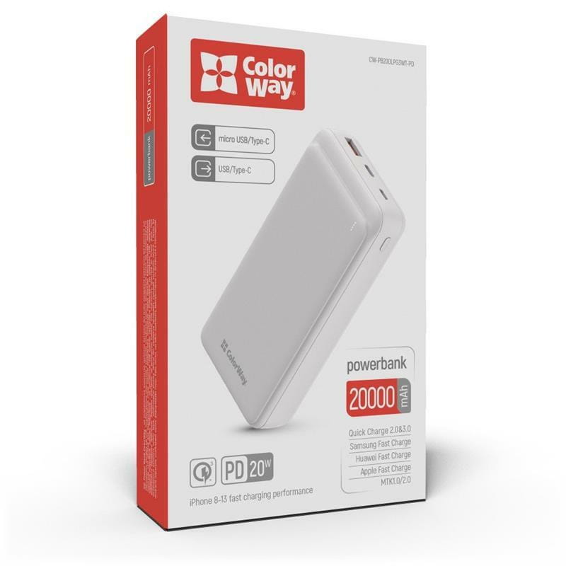 Універсальна мобільна батарея ColorWay Slim 20000mAh White (CW-PB200LPG3WT-PD)
