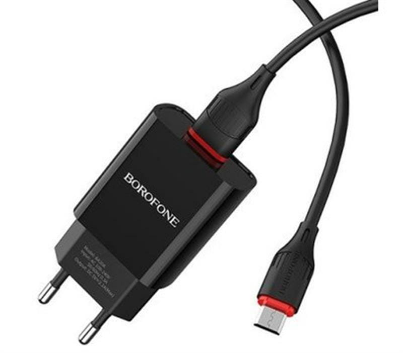 Зарядний пристрій Borofone BA20A Sharp Single USB 2.1A Black (BA20AMB) + кабель MicroUSB