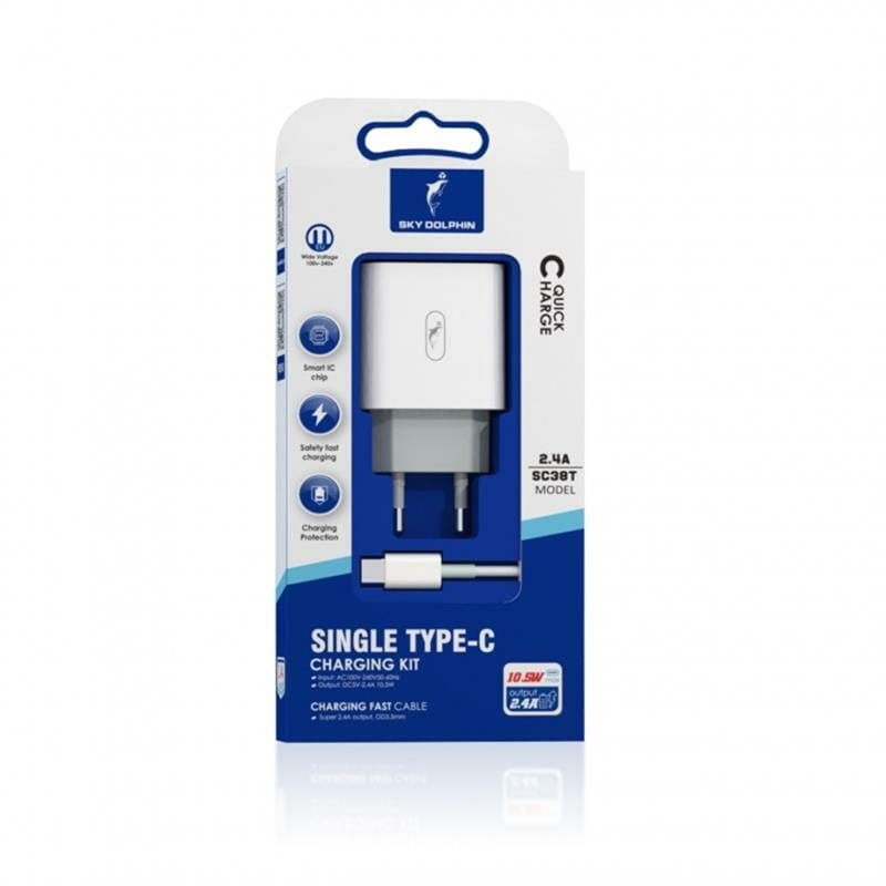 Мережевий зарядний пристрій SkyDolphin SC38T (USB TYPE-Cx2.4A) White (MZP-000183) + кабель USB Type-C