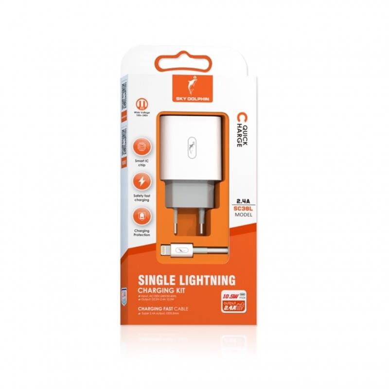 Сетевое зарядное устройство SkyDolphin SC38T (USB TYPE-Cx2.4A) White (MZP-000182) + кабель Lightning
