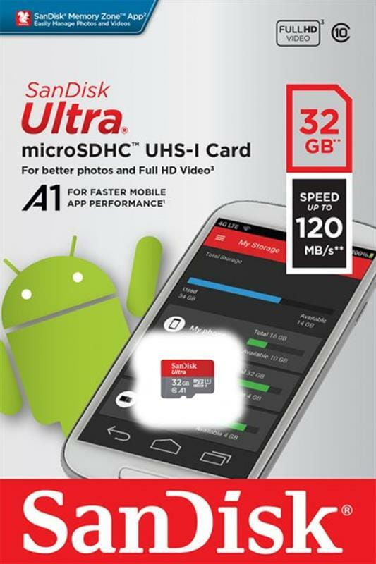 Карта памяти MicroSDHC  32GB UHS-I Class 10 SanDisk Ultra A1 R120MB/s (SDSQUA4-032G-GN6MN)