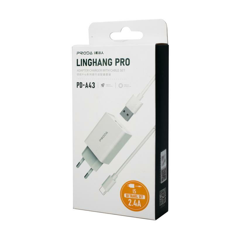 Зарядное устройство Proda PD-A43i USB 2.4A + кабель USB Lightning White