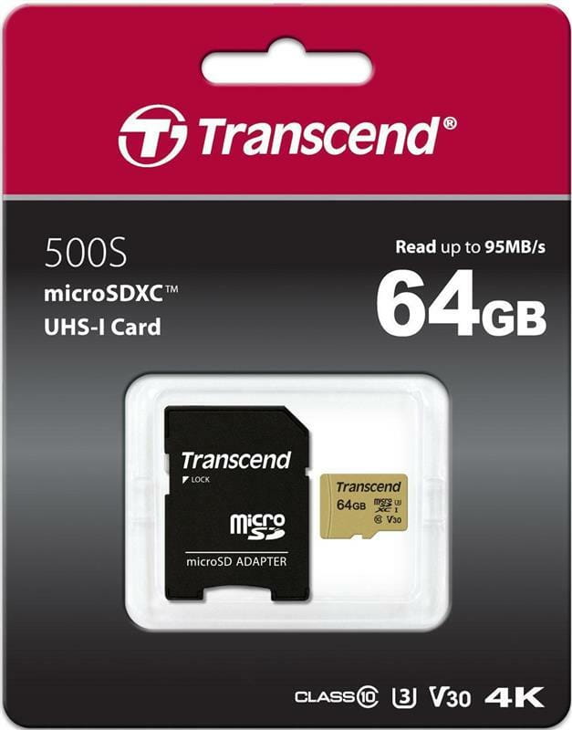 Карта памяти MicroSDXC  64GB UHS-I/U3 Class 10 Transcend 500S + SD-adapter (TS64GUSD500S)