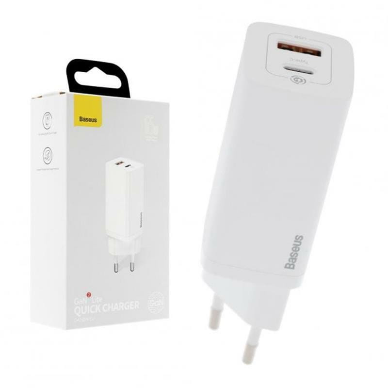 Сетевое зарядное устройство Baseus GaN2 Lite (1USB, 1USB-C) 65W White (CCGAN2L-B02)