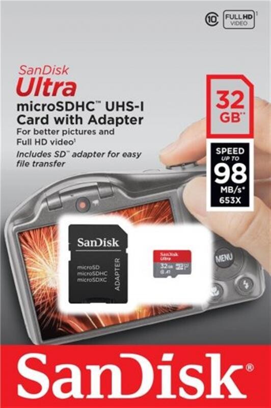 Карта памяти MicroSDXC 32GB UHS-I Class 10 SanDisk Ultra R100/W10MB/s + SD-адаптер (SDSQUNR-032G-GN3MA)