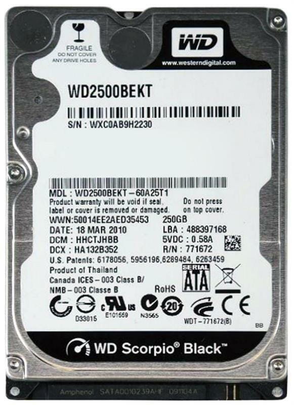 Накопитель HDD 2.5" SATA  250Gb WD Scorpio Black, 16Mb, 7200 rpm (WD2500BEKT)