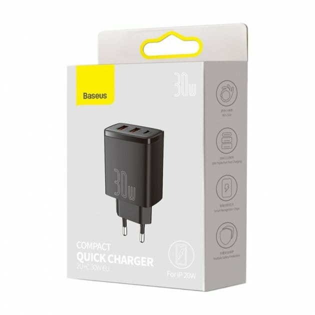 Мережевий зарядний пристрій Baseus Compact Quick Charger 30W QC+ PD (1Type-C + 2USB) Black (CCXJ-E01)